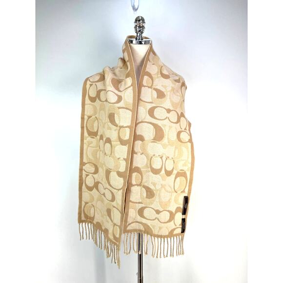 Coach Signature C Logo Scarf Neutral Ivory Woven Merino Wool - Picture 4 of 6